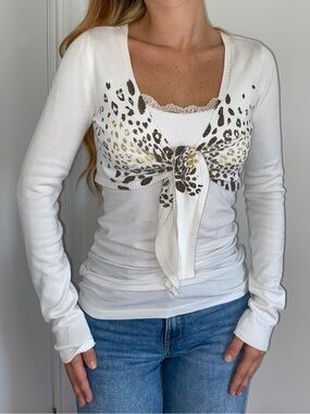 Guess Y2K White Leopard Print Tie-Front Shrug